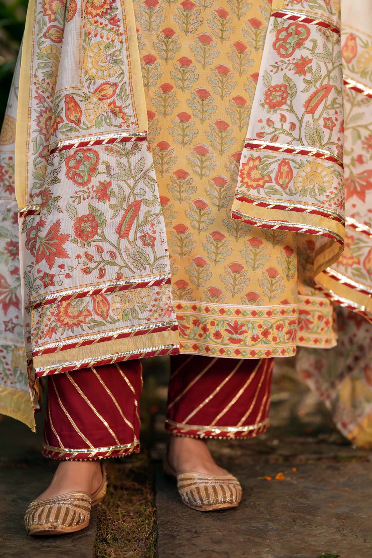 White Handblock Chanderi Dupatta with Gota Work
