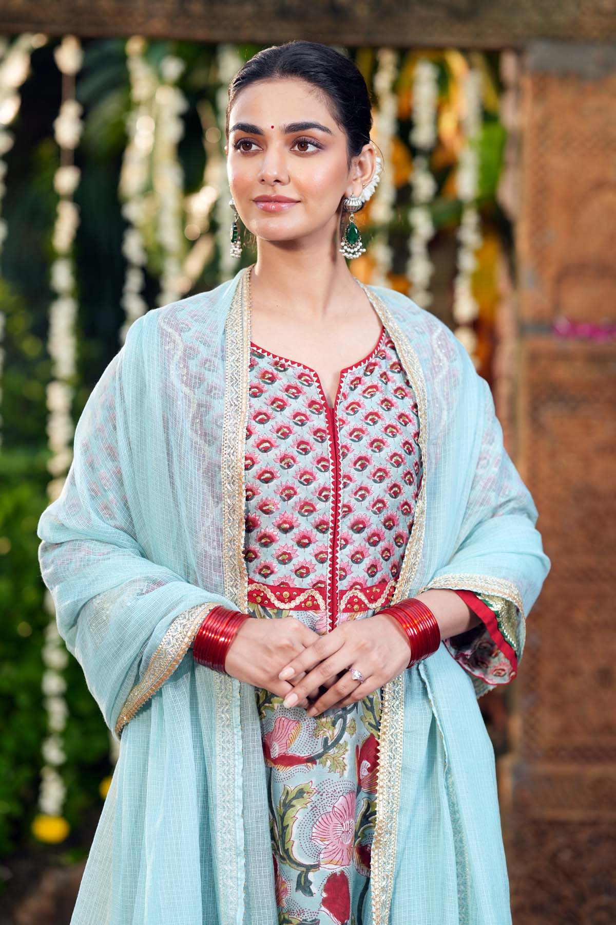 Aqua Blue Kotadoriya Dupatta with Gota Work