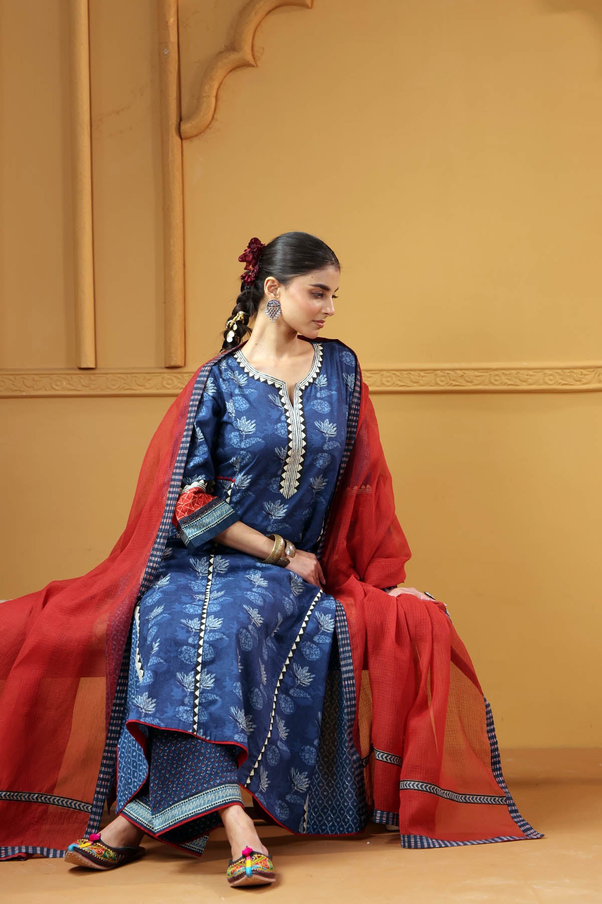 Deep Red Kotadoria Dupatta With Fabric Border