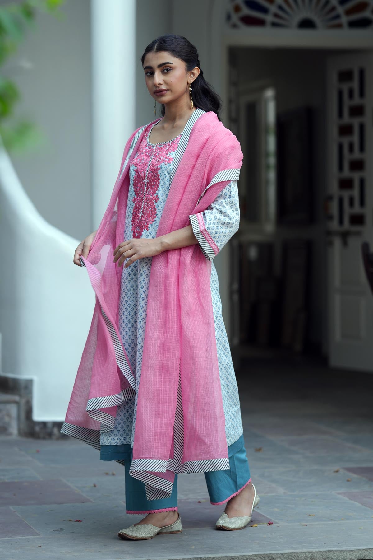 Pink Kota Doria Dupatta with Striped Border