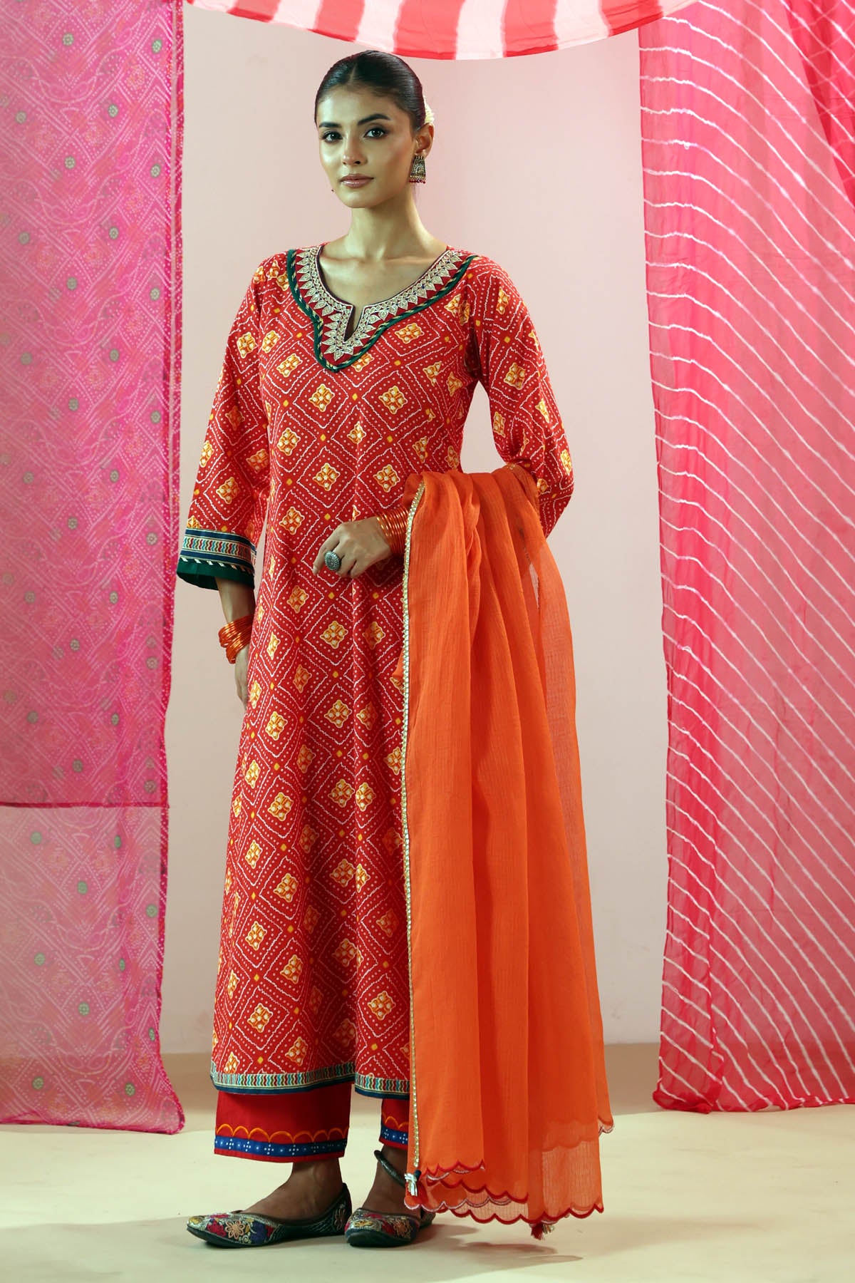 Orange Kota Doria Dupatta with Scalloped Border