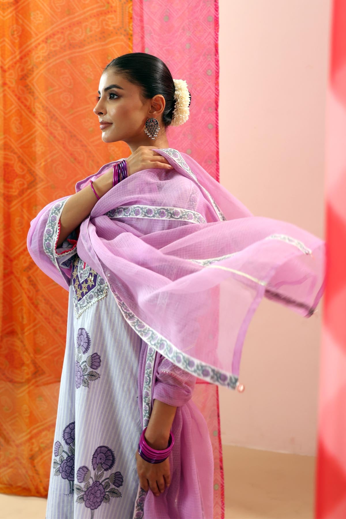 Lavender Kota Doria Dupatta with Printed Border