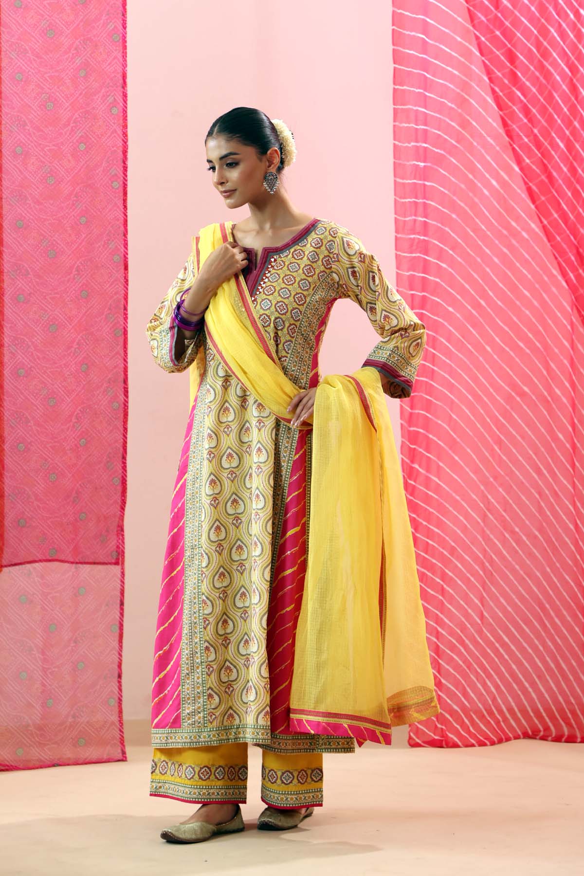 Yellow Kota Doria Dupatta with Pink Border