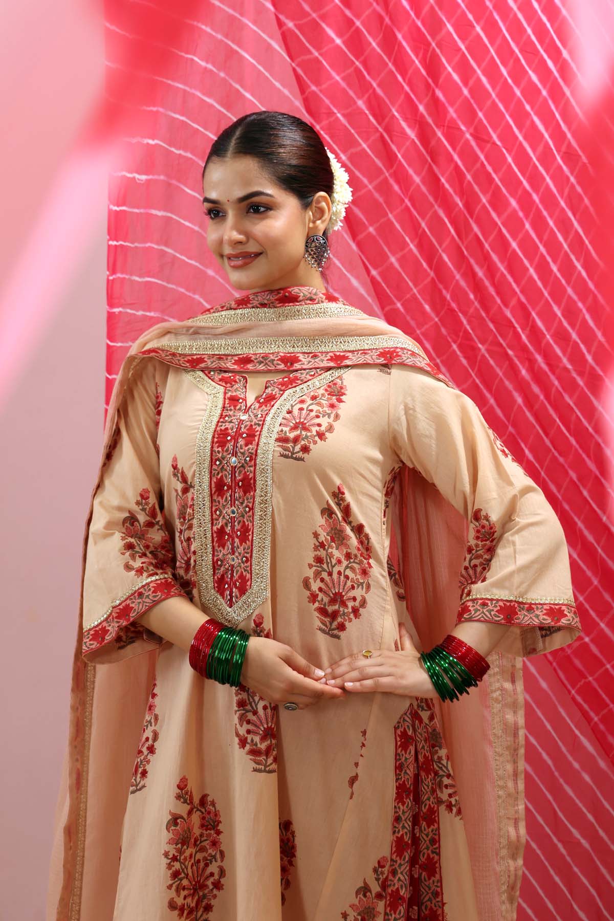 Beige Kota Doria Dupatta with Red Printed Border