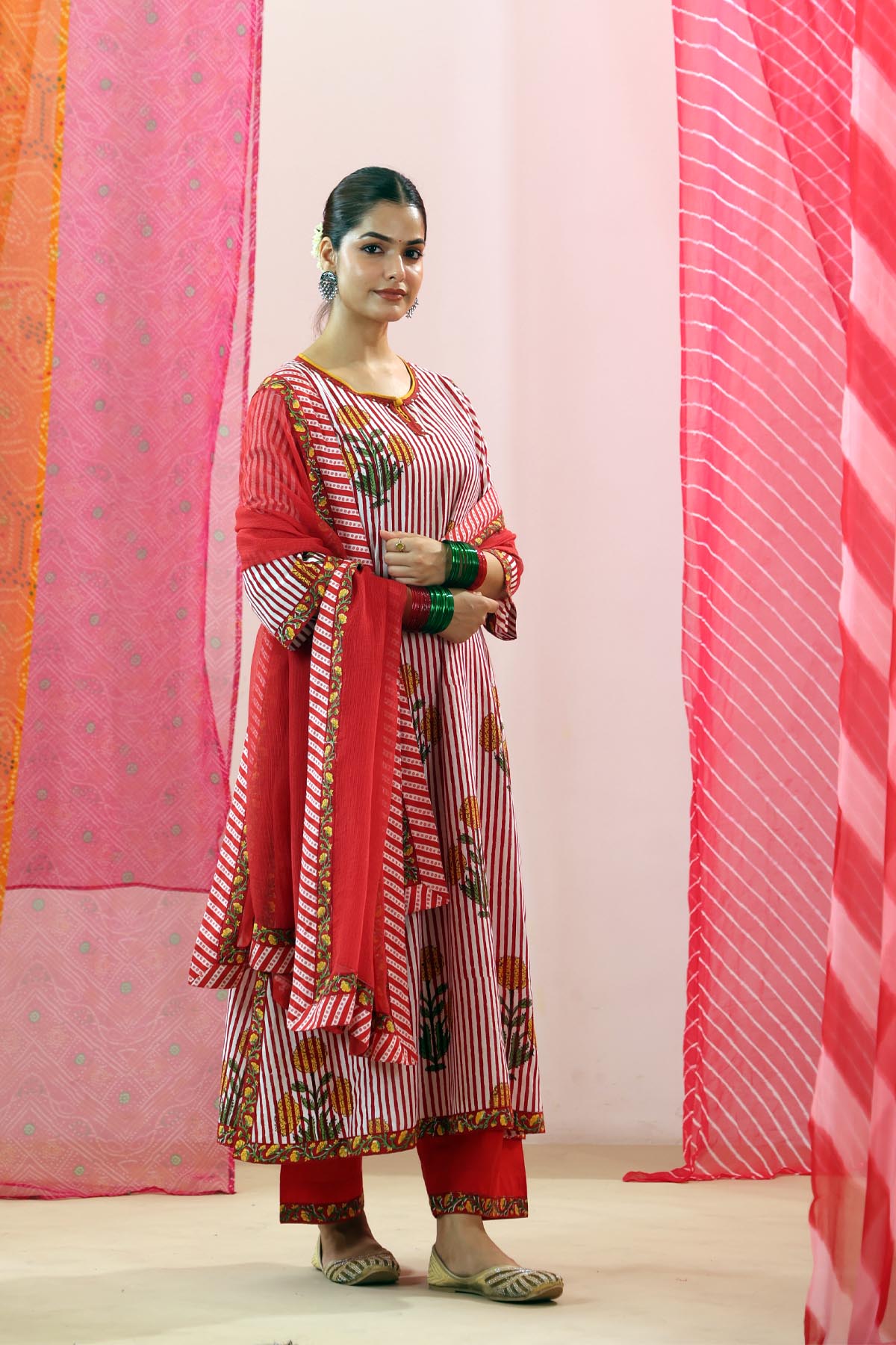 Red Kota Doria Dupatta with Striped Floral Border