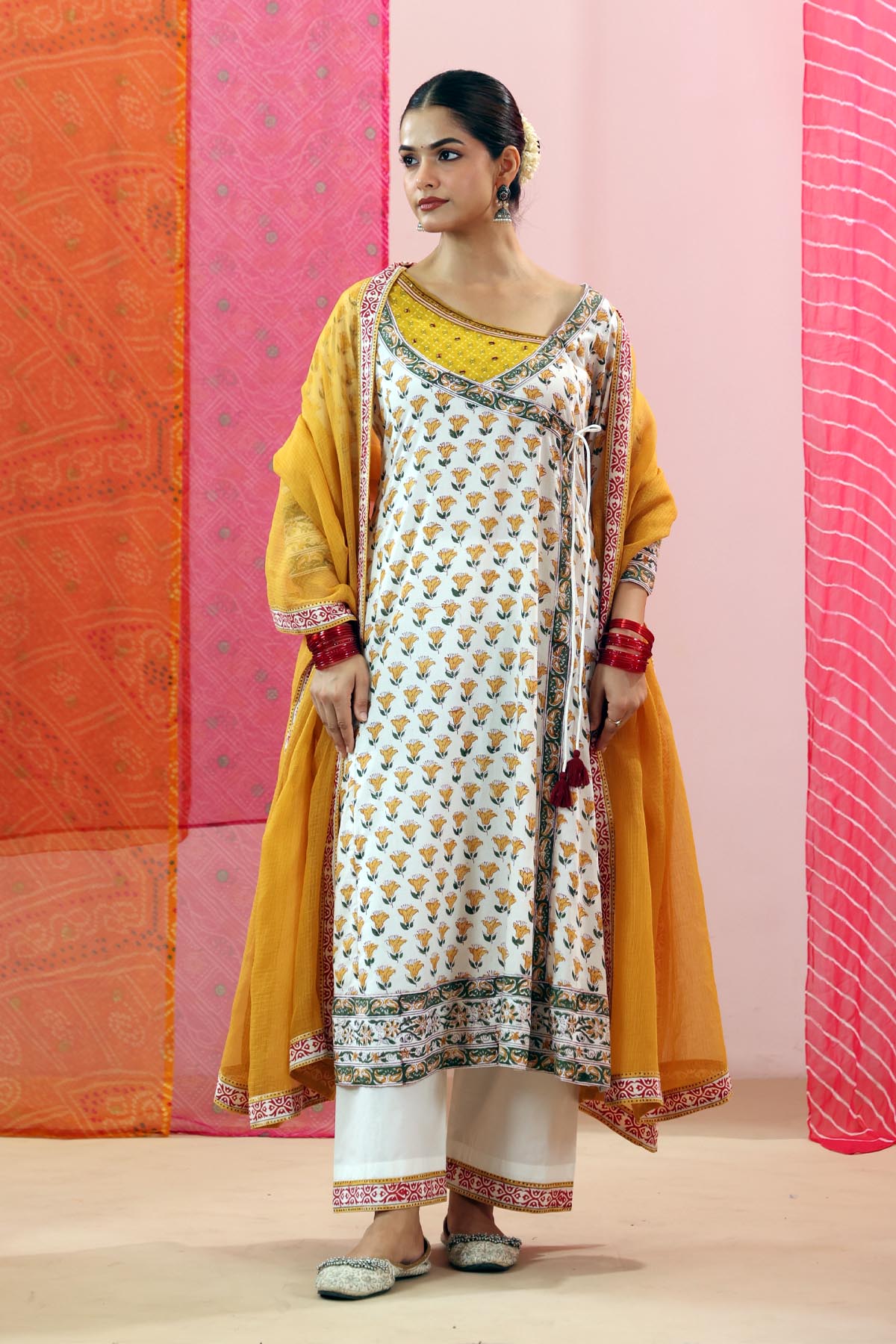 Mustard KotaDoria Dupatta with Red Border