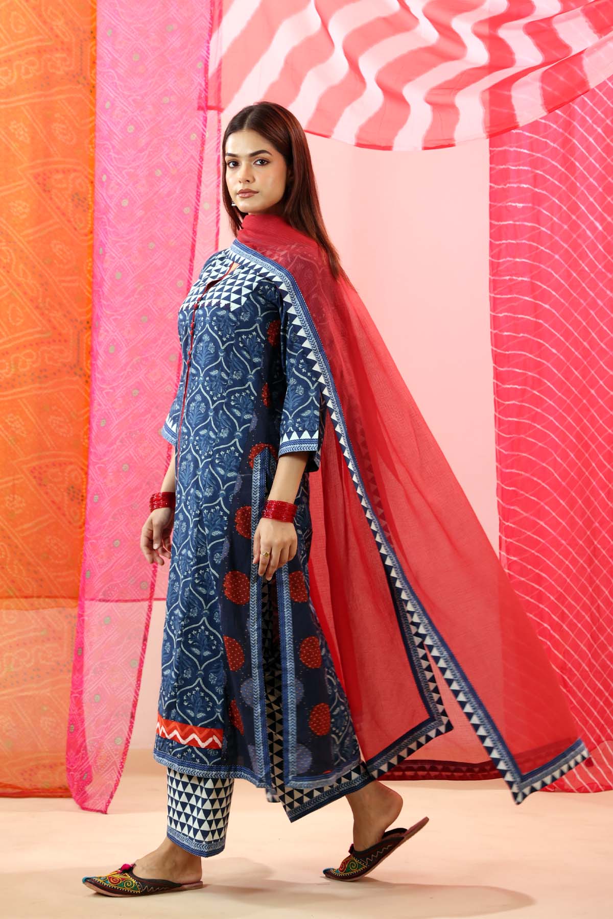 Red Kota Doria Dupatta with Pattern Borders