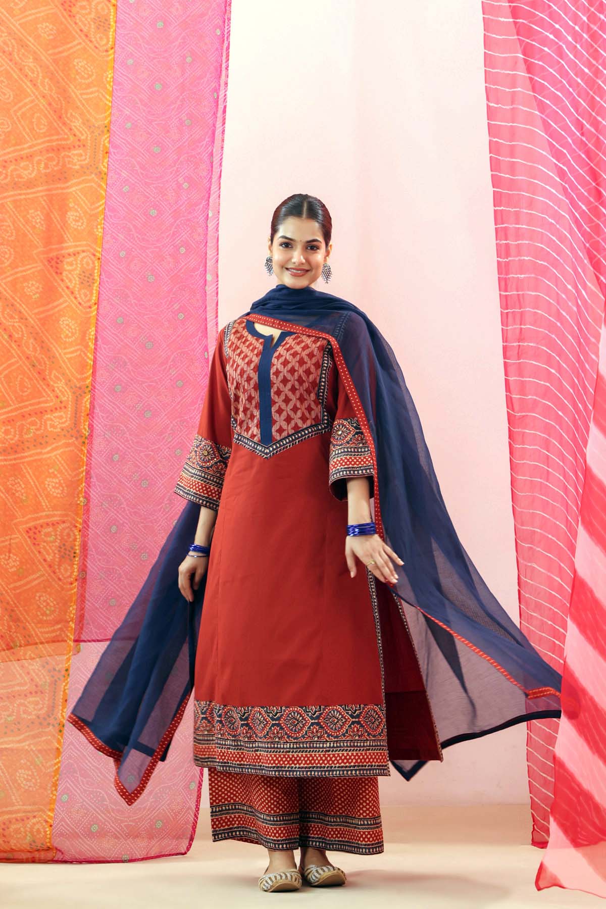 Navy Blue Kota Doria Dupatta with Polka Dot Border