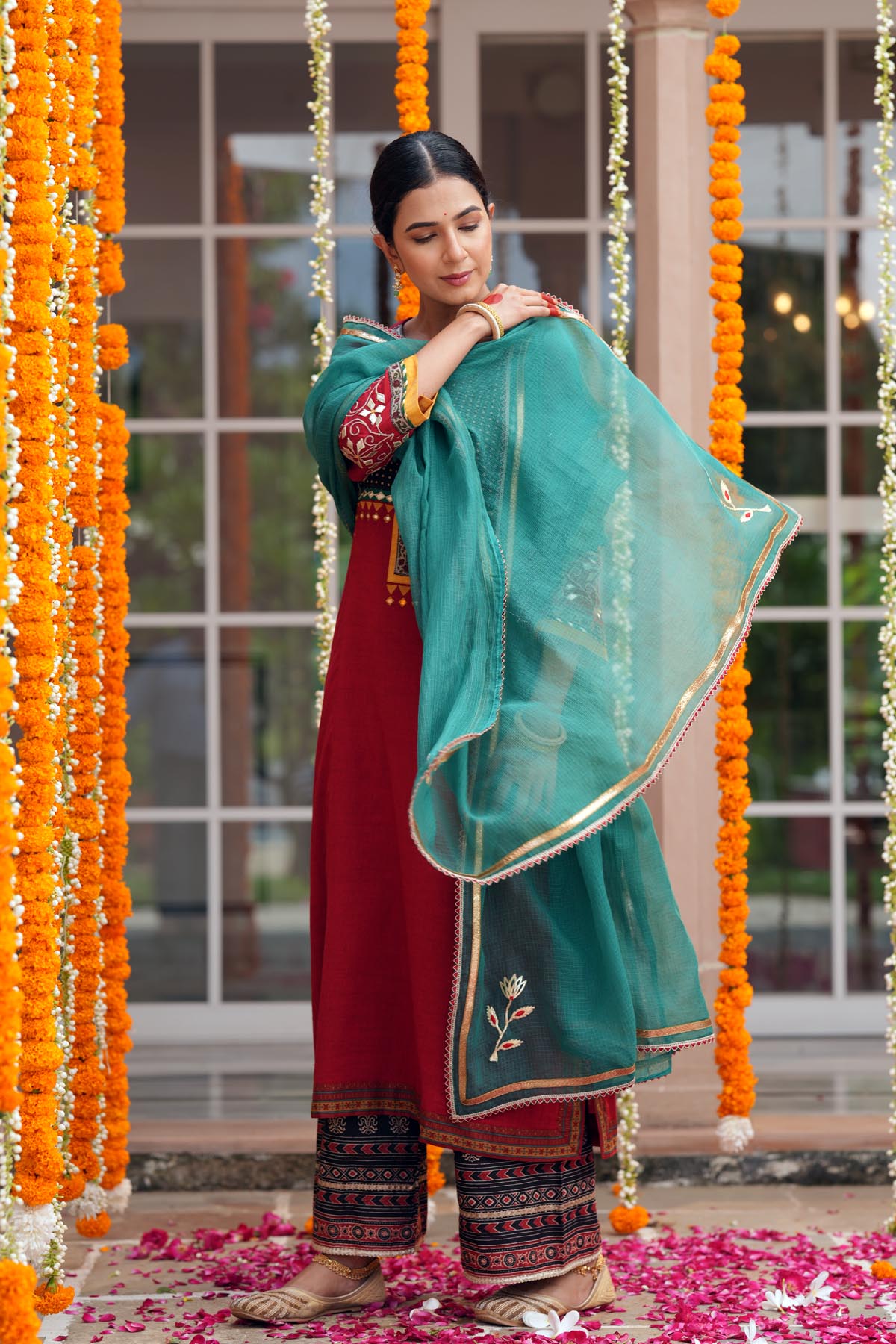 Dark Teal Kota Doria Embroidered Dupatta