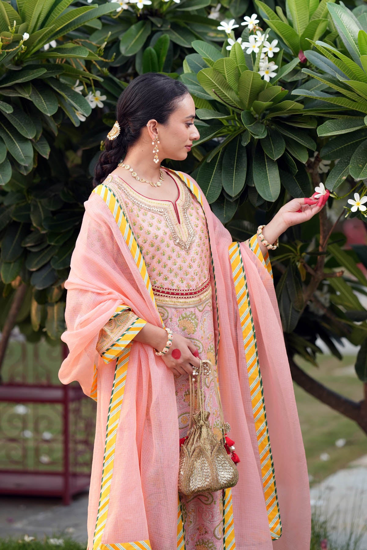 Peach Kota Doria Striped Border Dupatta
