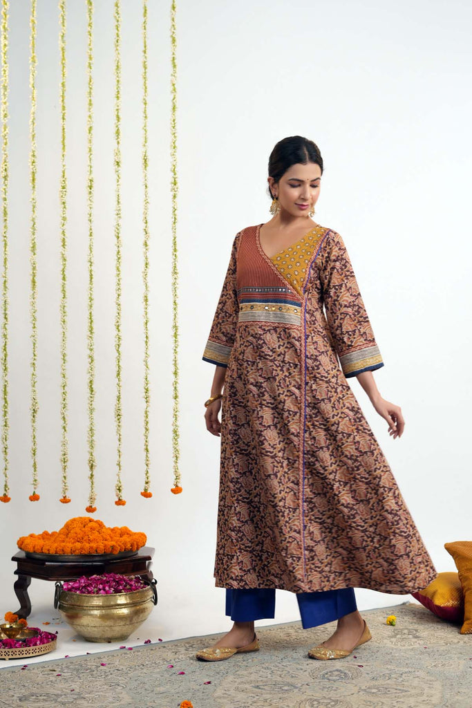 Angrakha Style A-Line Kurta In Cotton Fabric