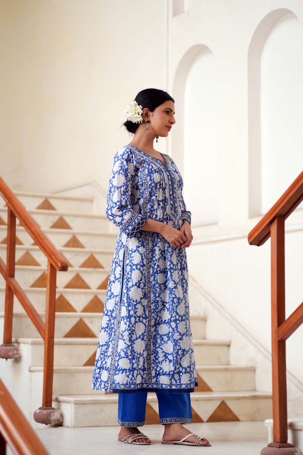 Blue - Bagru Hand Block Printed Cotton A-Line Long Kurta