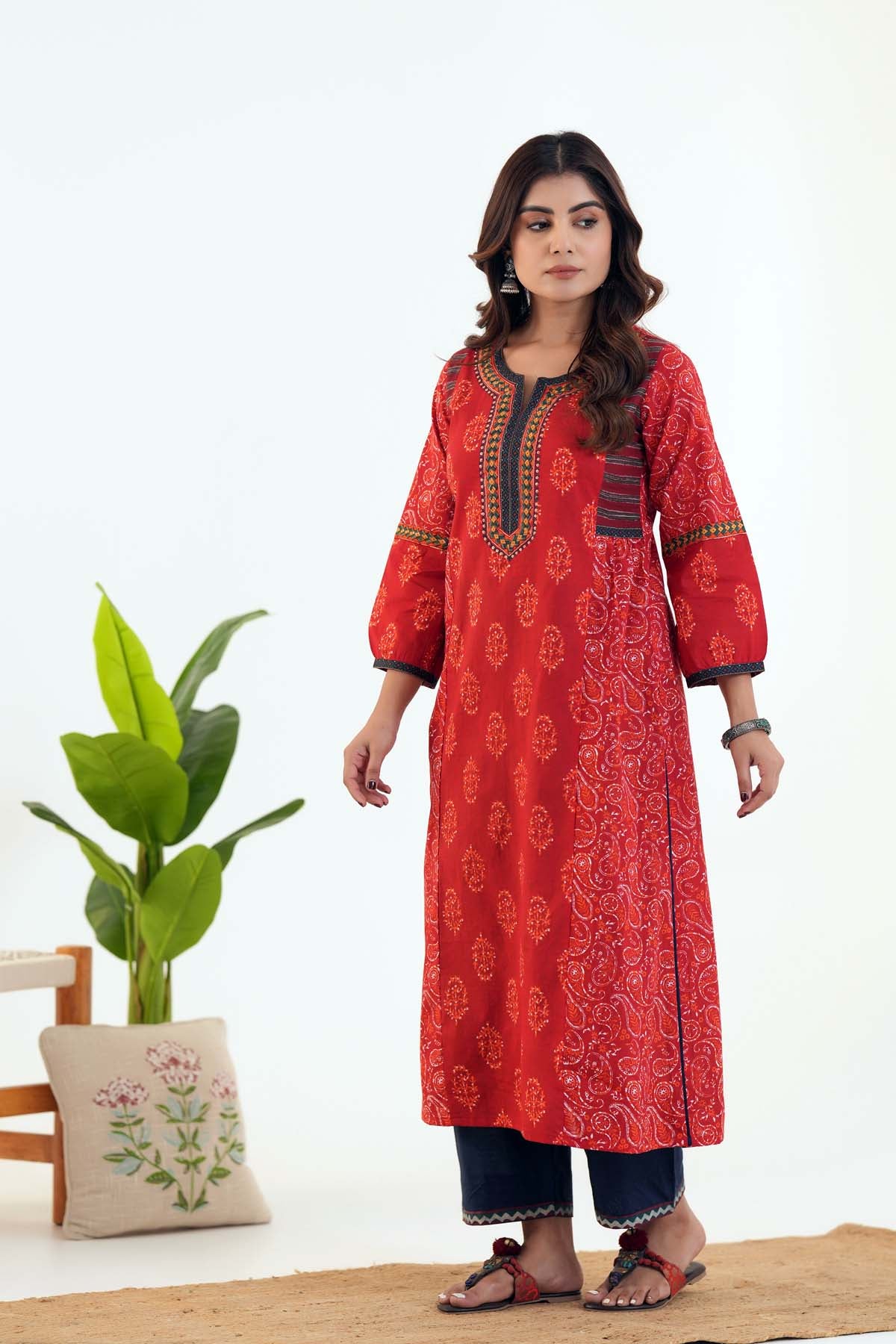 Red - Pipad Block Printed Cotton A-Line Long Kurta