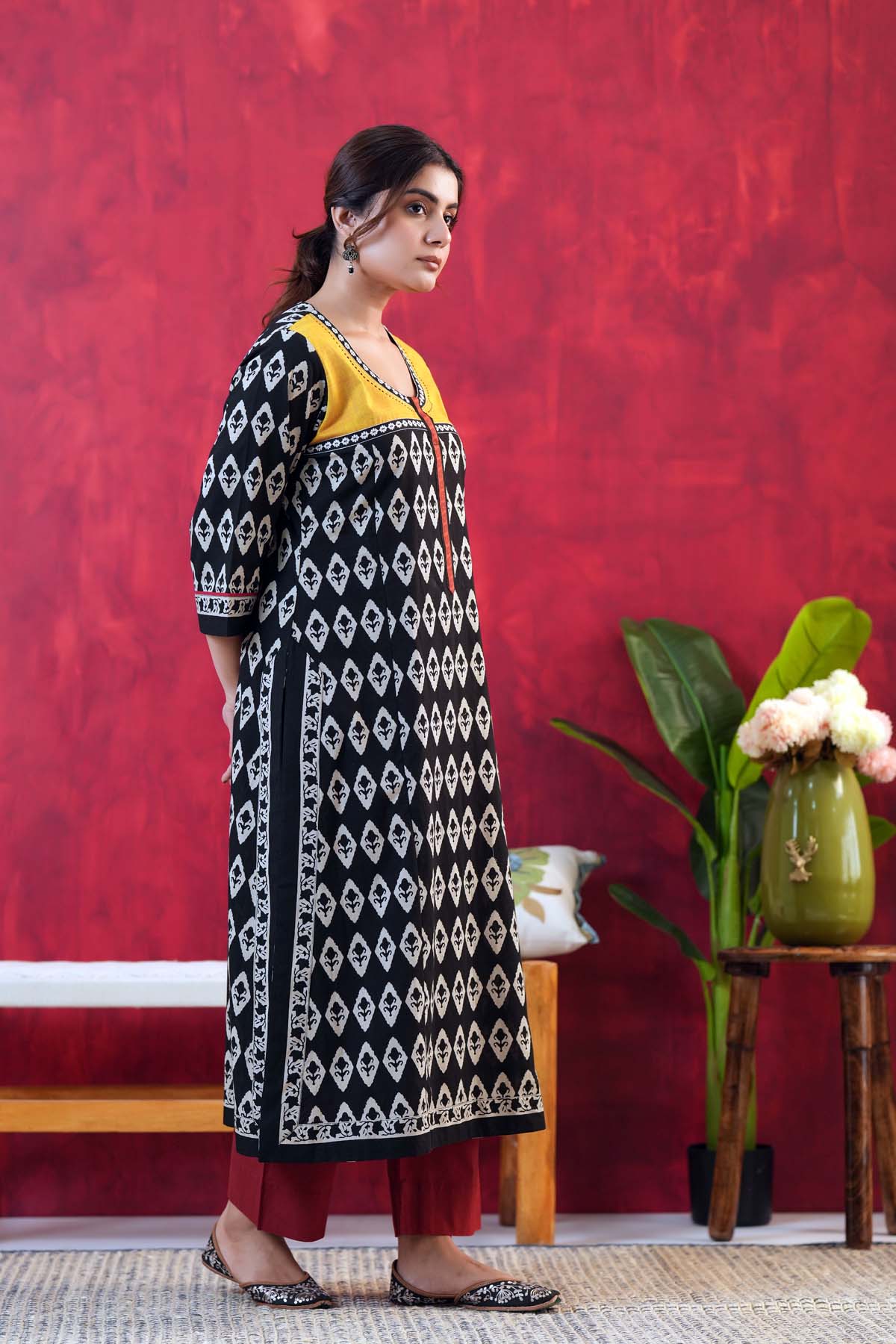 Black Printed A-Line Cotton kurta