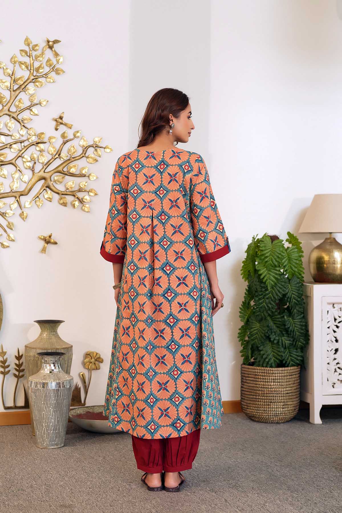 Long Length A-Line Kurta In Peach/Teal Blue Color
