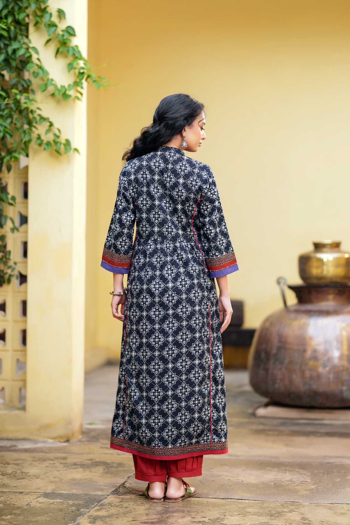 Black Long Length A-Line Kurta In Handblock Cotton