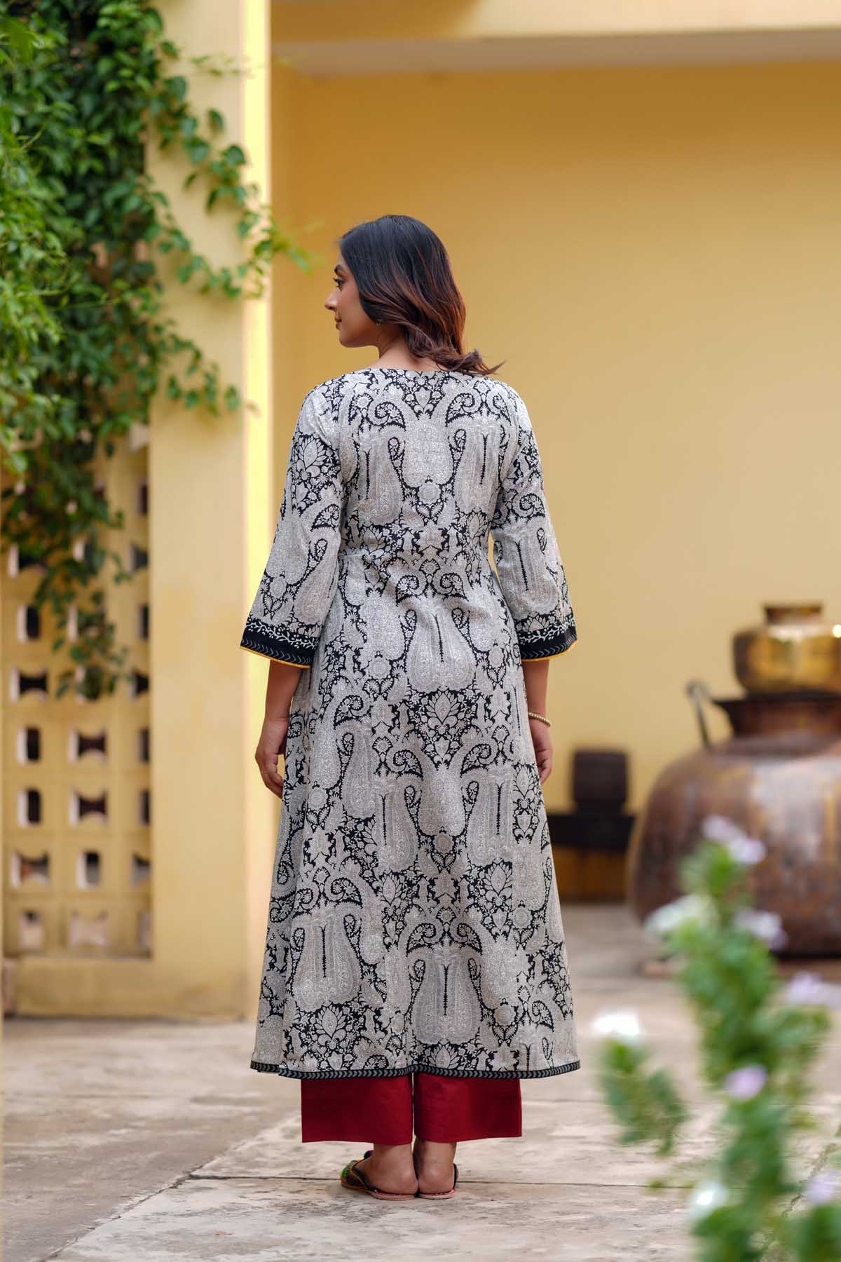 White and Black A-Line Kurta in Cotton Fabric
