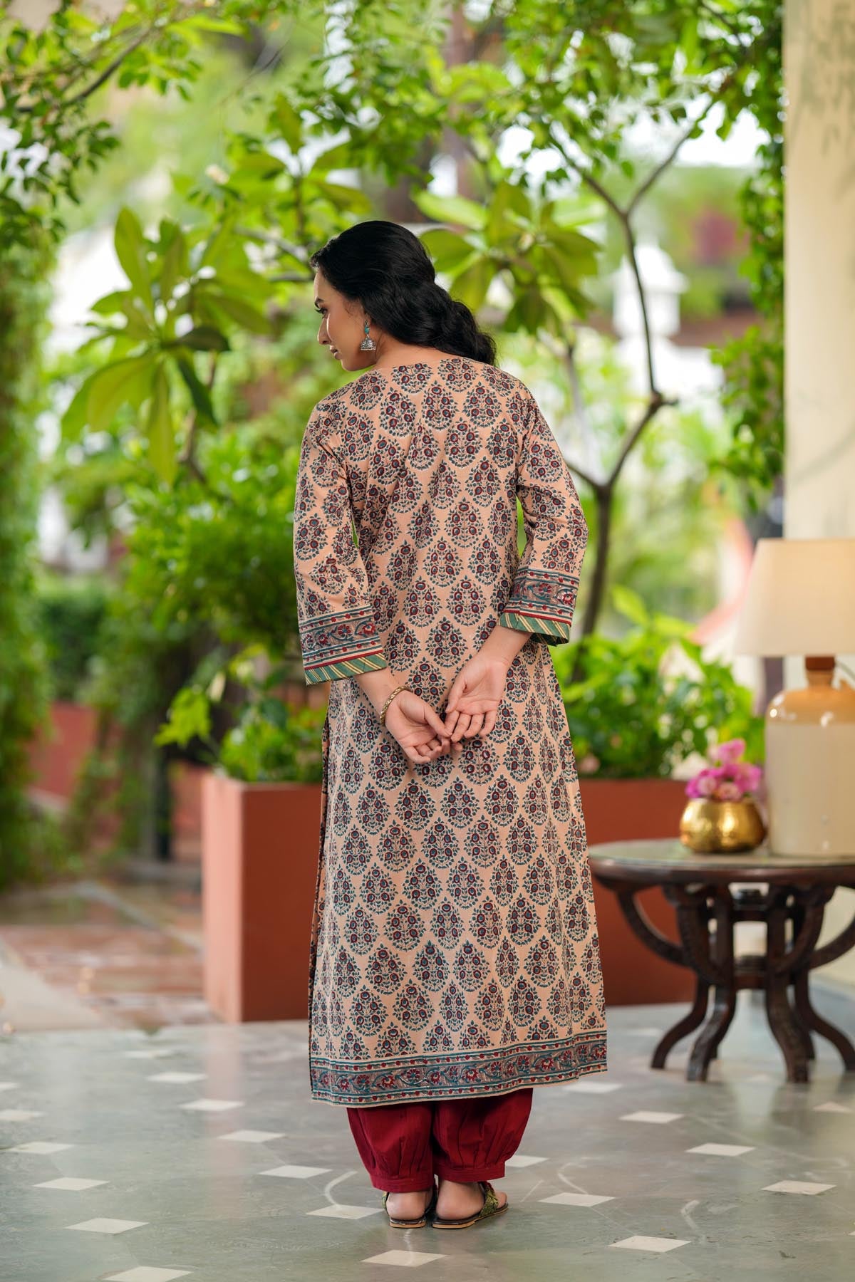 Straight Fit Kurta In Beige Handblock Cotton