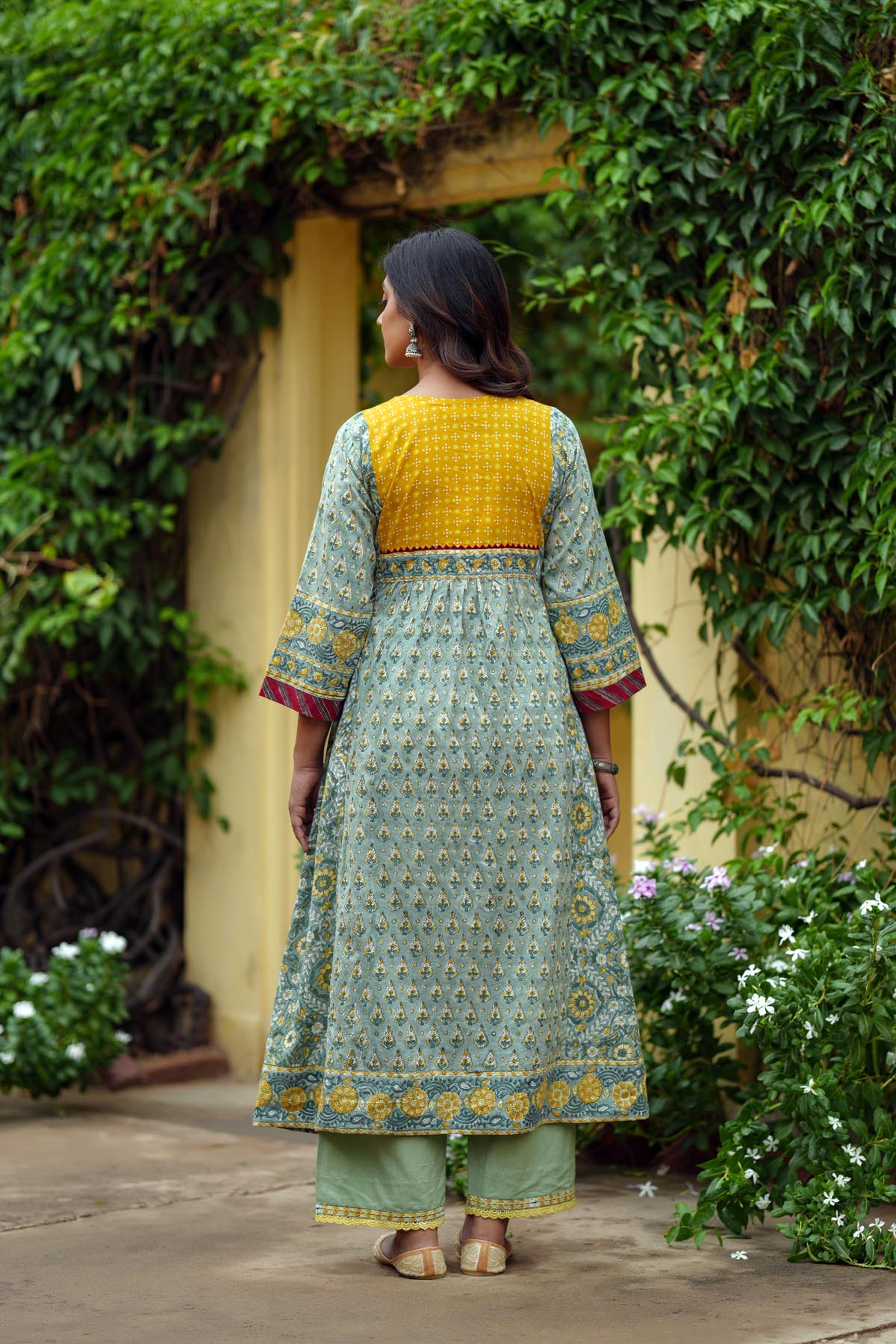 Olive Green A-Line Kurta In Handblock Cotton