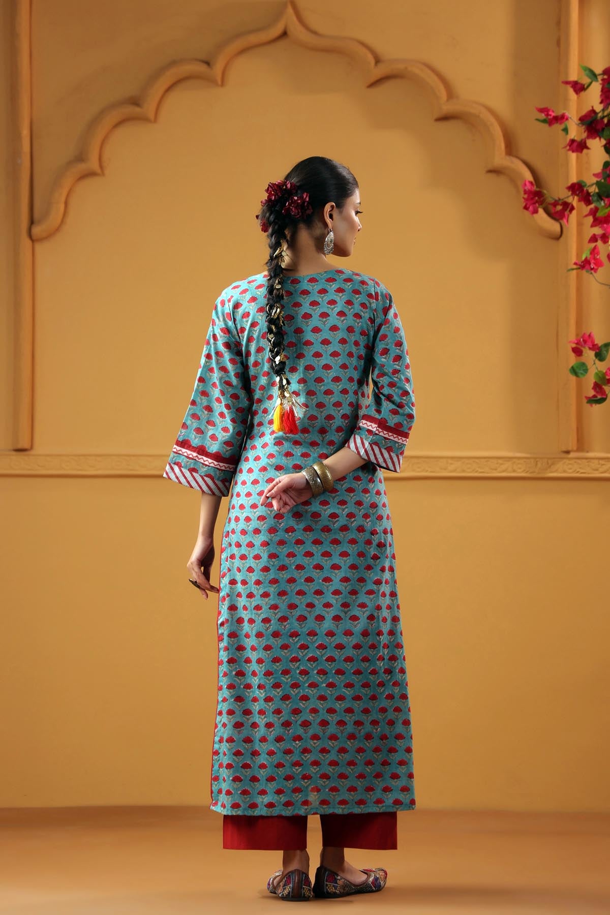 Teal Green Handblock Cotton Straight Fit Kurta