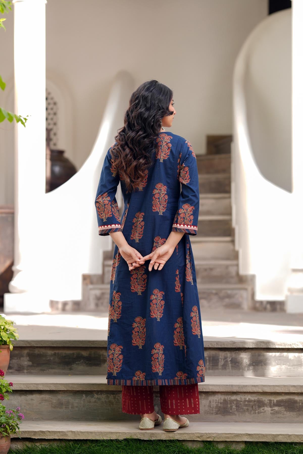 Navy Blue Cotton Angrakha A-line Kurta