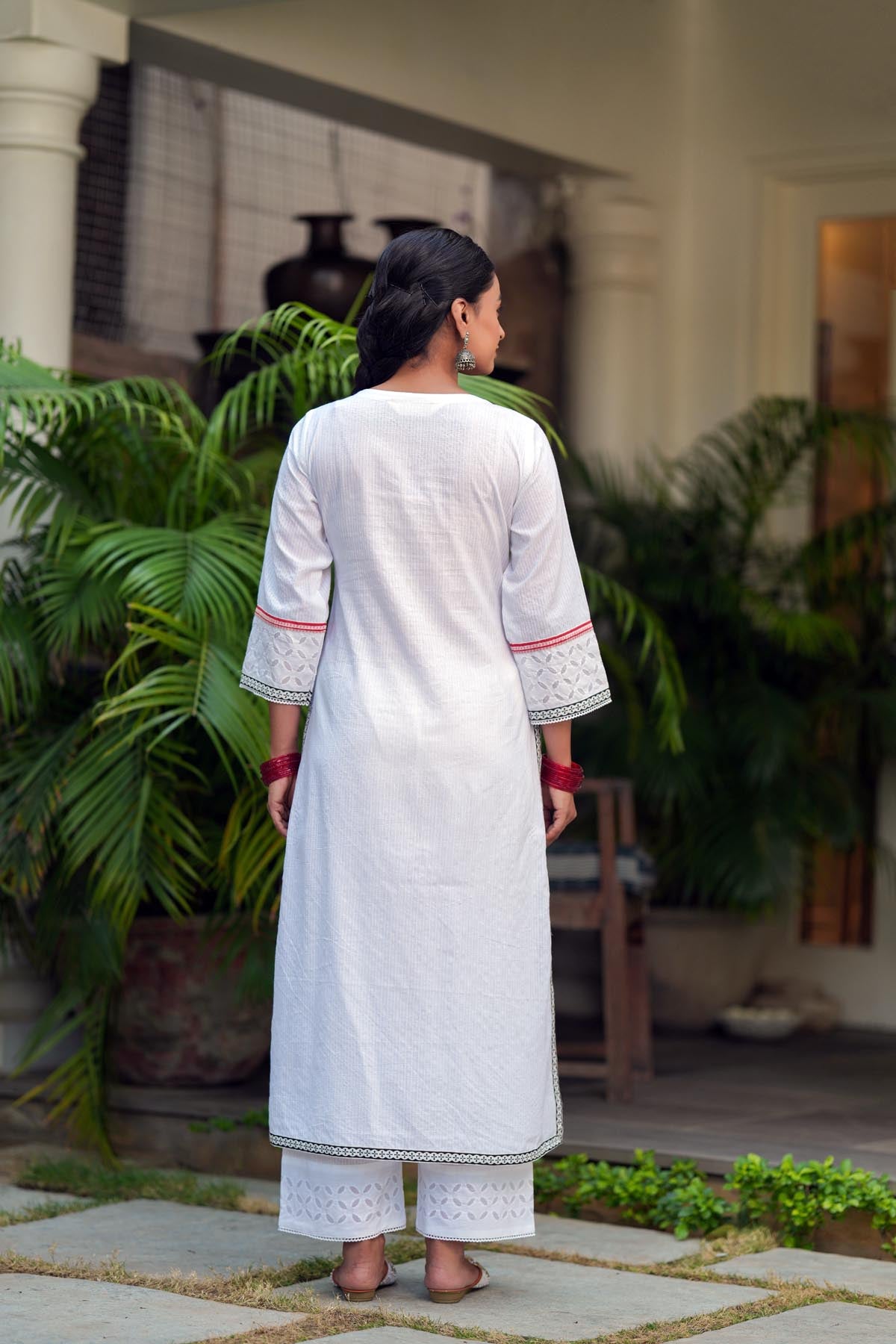 Straight Fit White Cotton Kantha Kurta