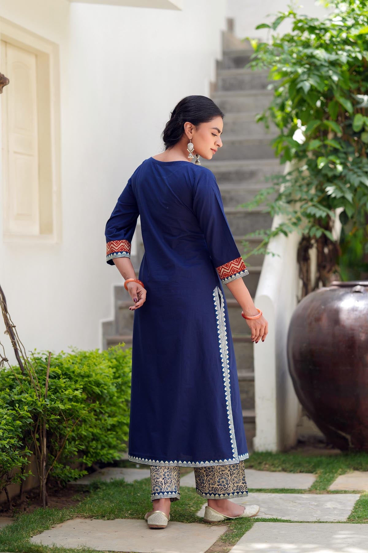 Navy Blue Cotton Kurta with Kantha Handwork