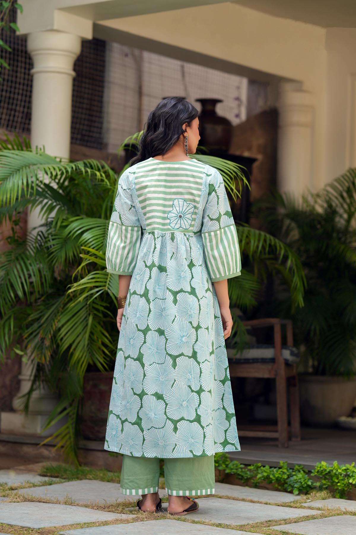 Aqua Green Handblock A-line Kurta