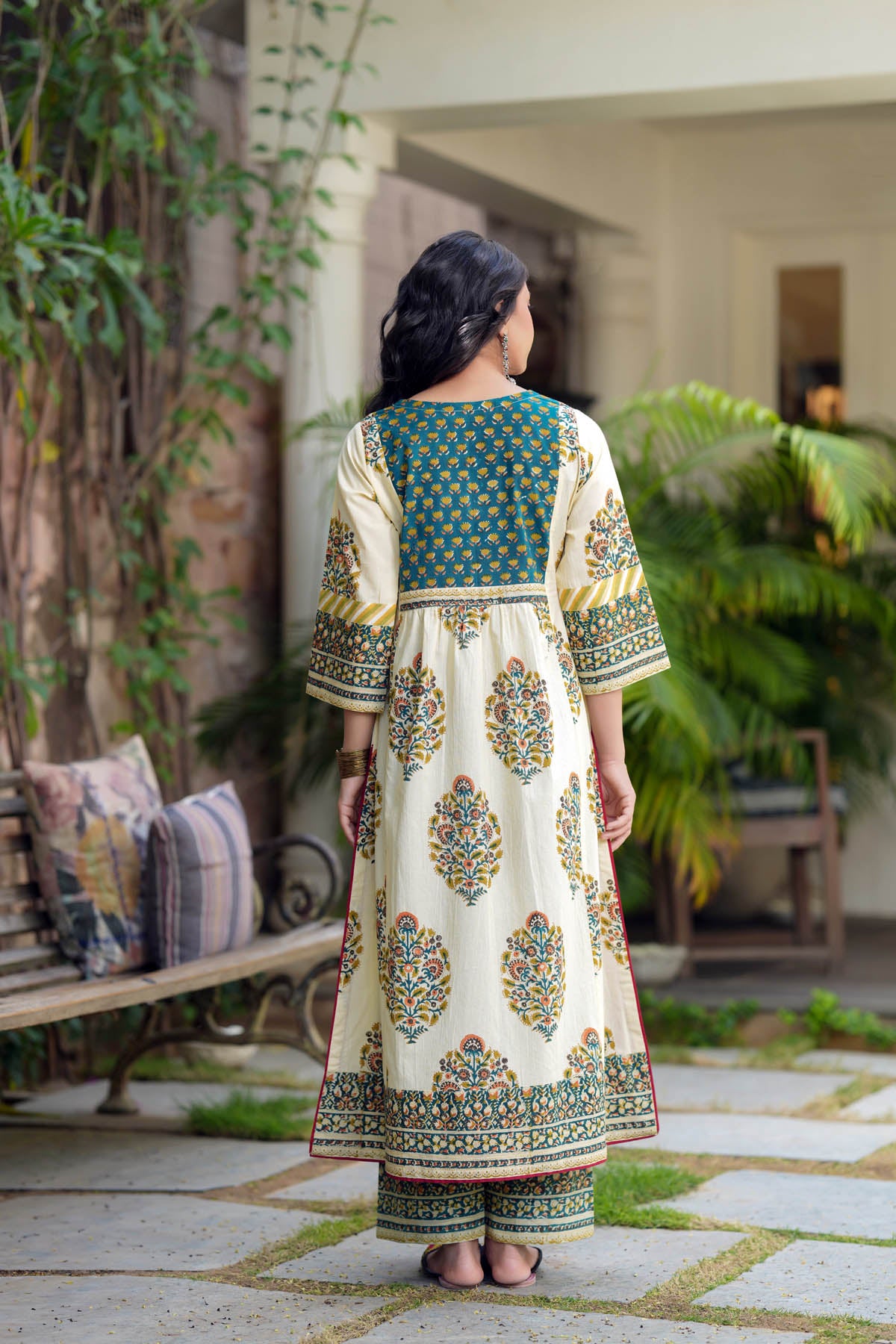 Cream & Green A-line Handblock Kurta