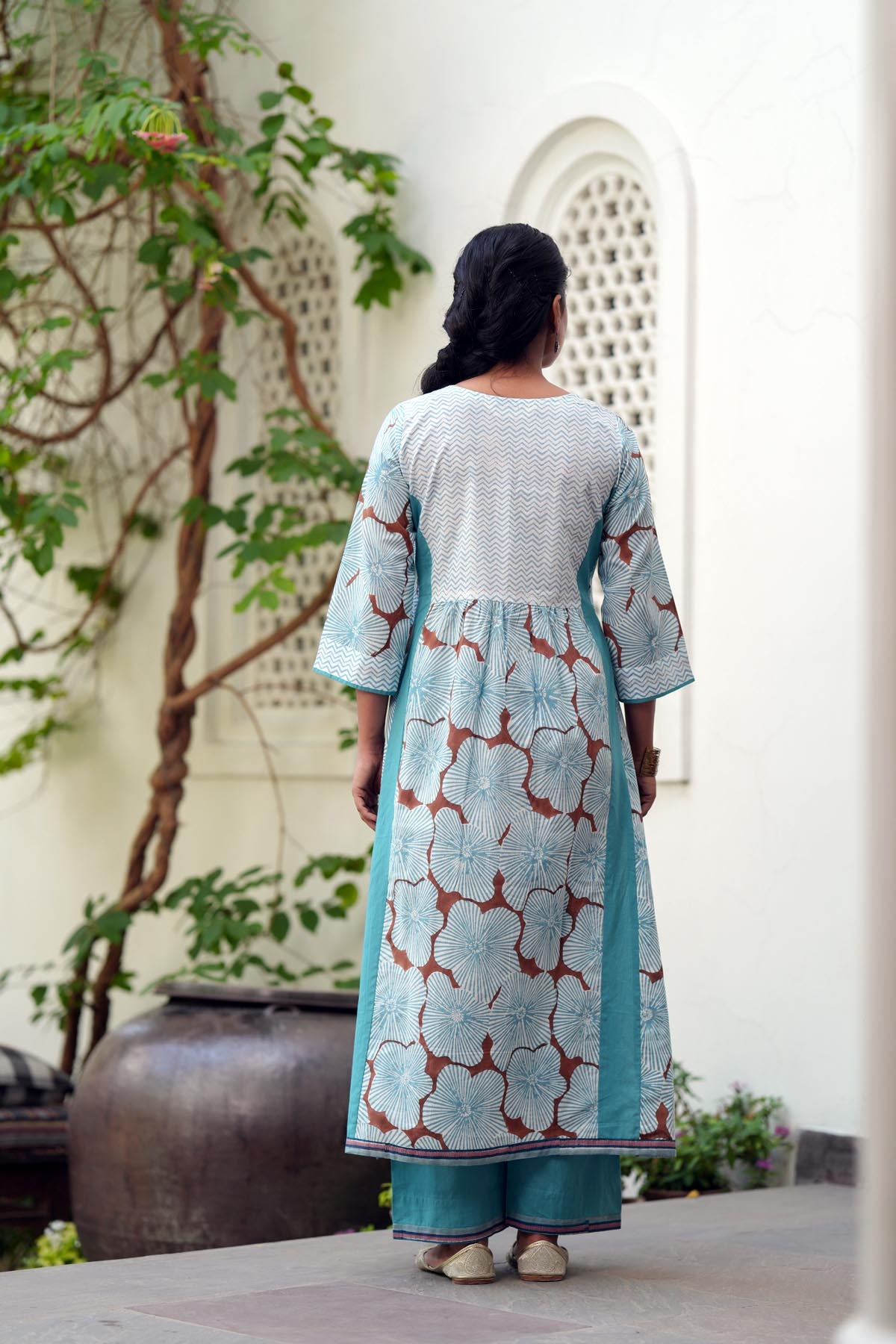 Powder Blue Handblock A-line Kurta