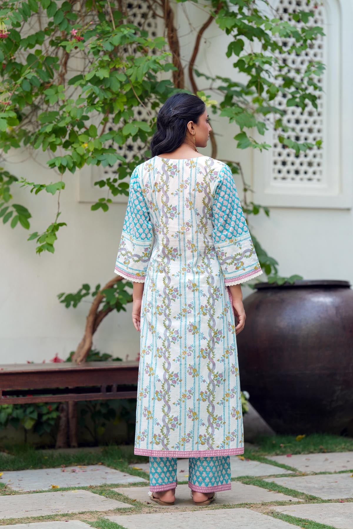 White Handblock A-line Kurta