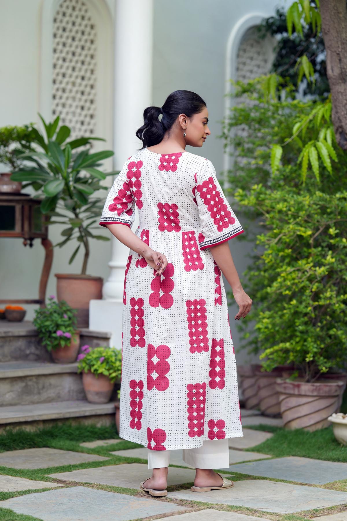 Red & White Handblock A-line Kurta