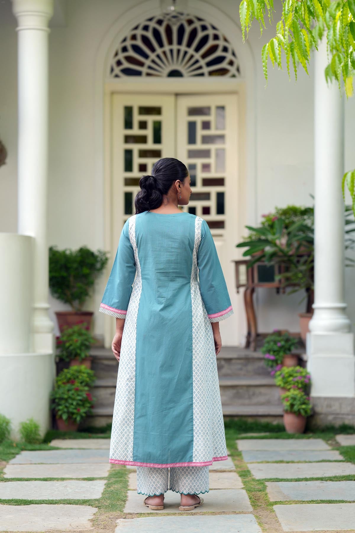 Grey & Pink Embroidered A-line Kurta