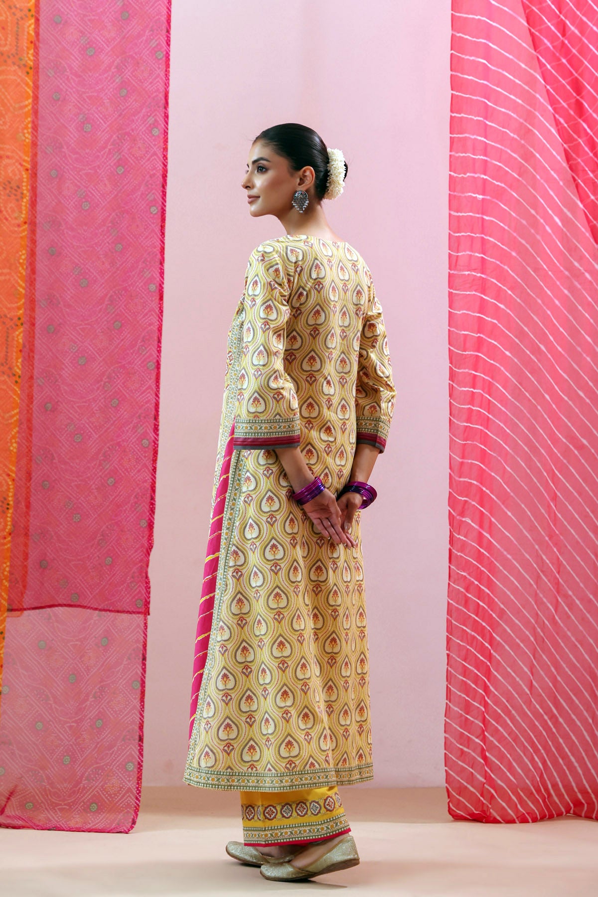 Yellow Cotton Printed A-line Kurta