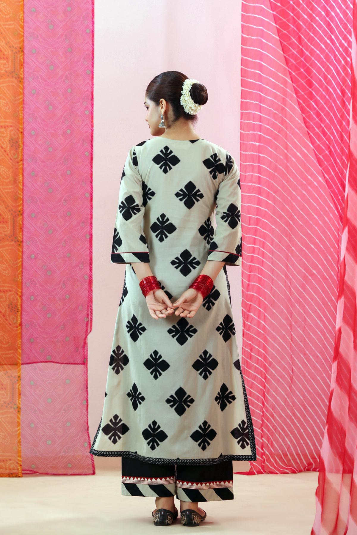 Beige & Black Cotton Printed A-line Kurta