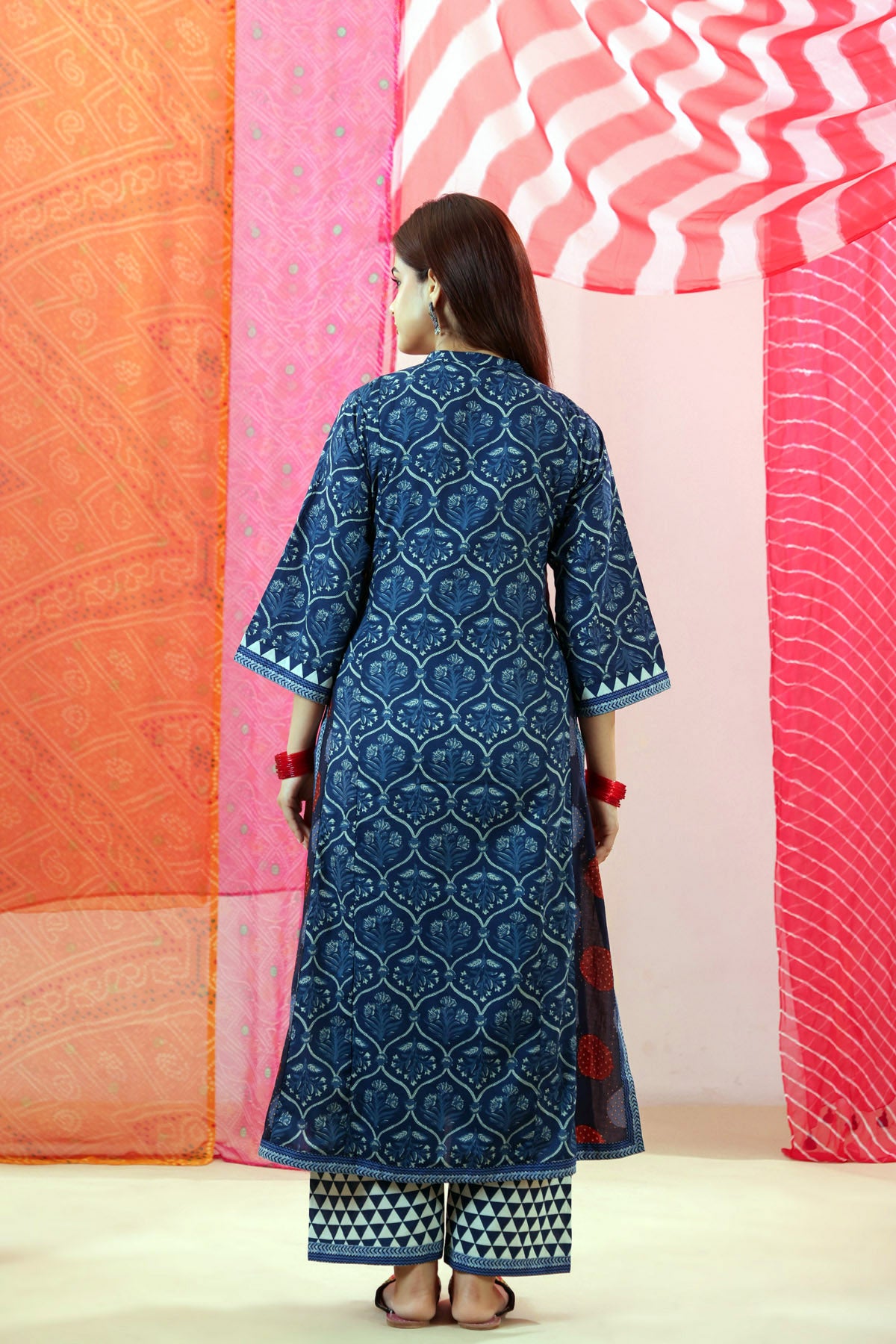 Navy Blue Printed Cotton A-Line Kurta
