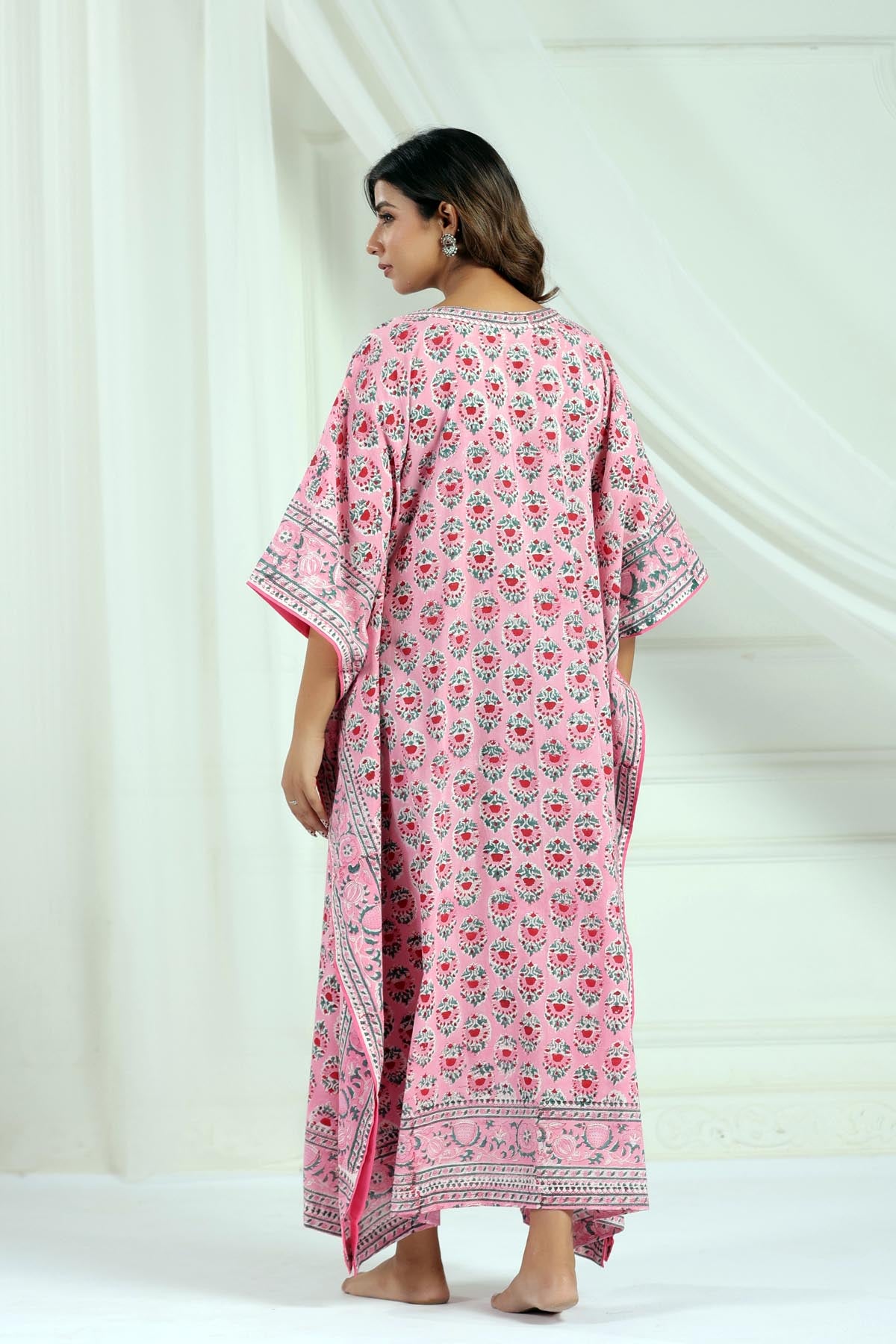 Pink Handblock Buti Kaftan