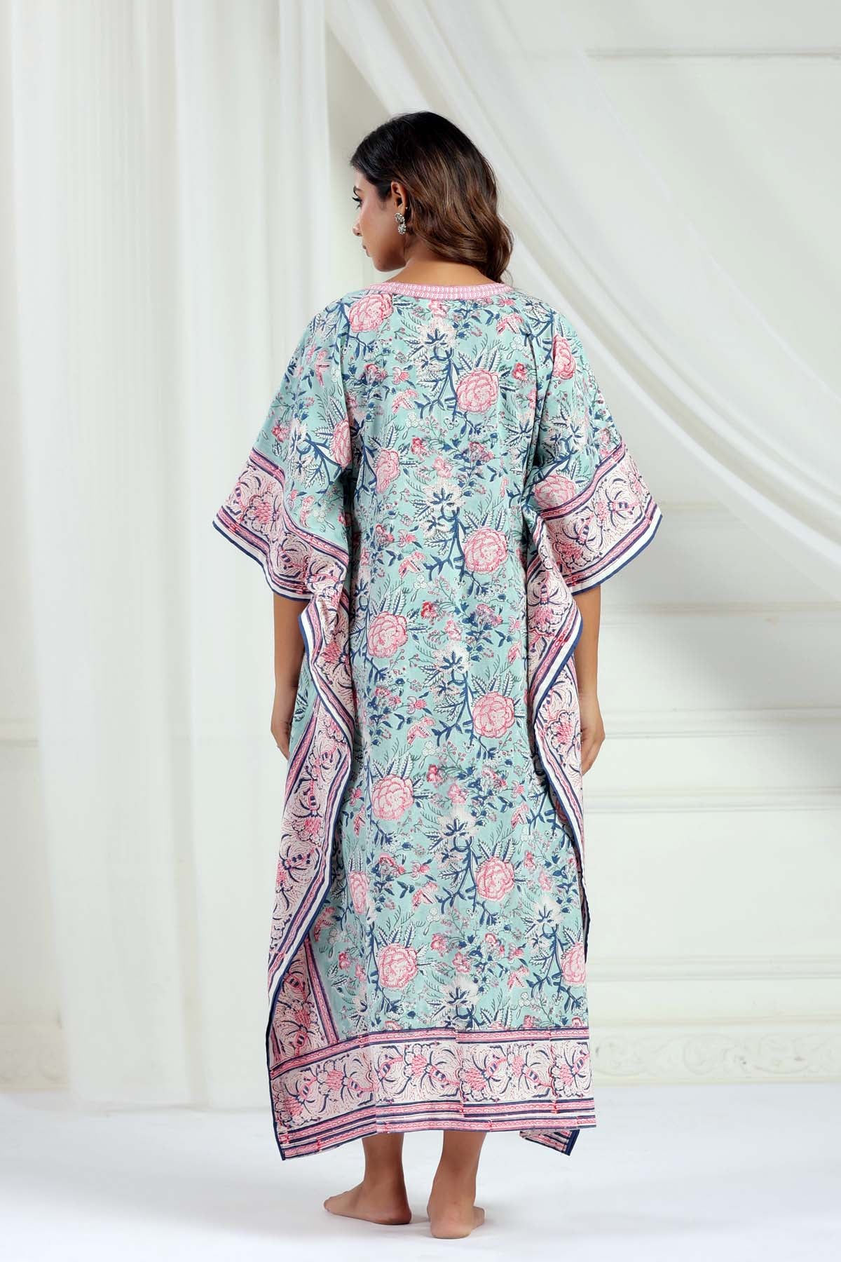 Mint Handblock Floral Kaftan