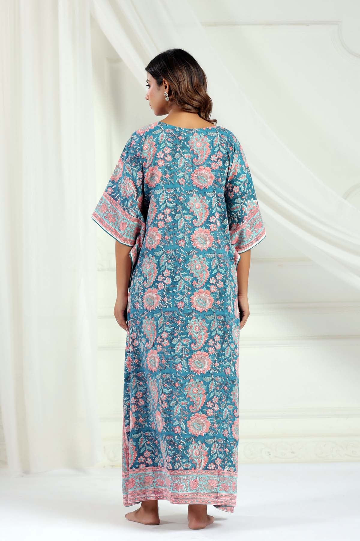Blue Handblock Floral Kaftan