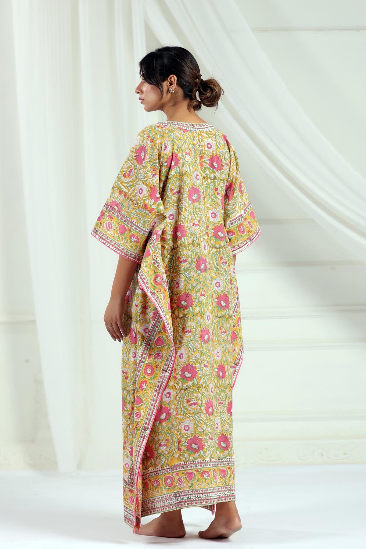 Yellow Handblock Floral Kaftan
