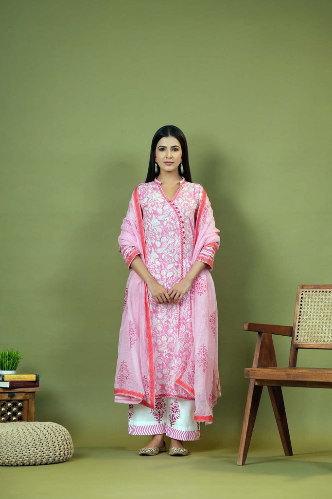 A-Line Pink/White Kurta/Pant Set In Angrakha Style