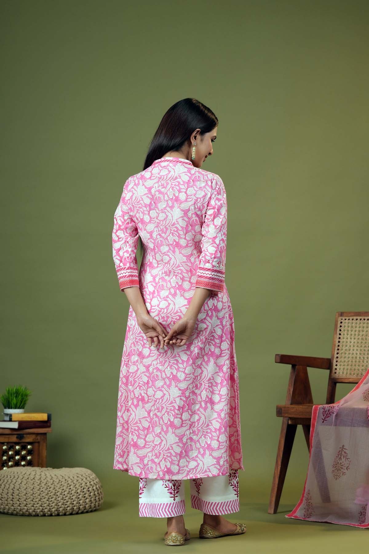 A-Line Pink/White Kurta/Pant Set In Angrakha Style