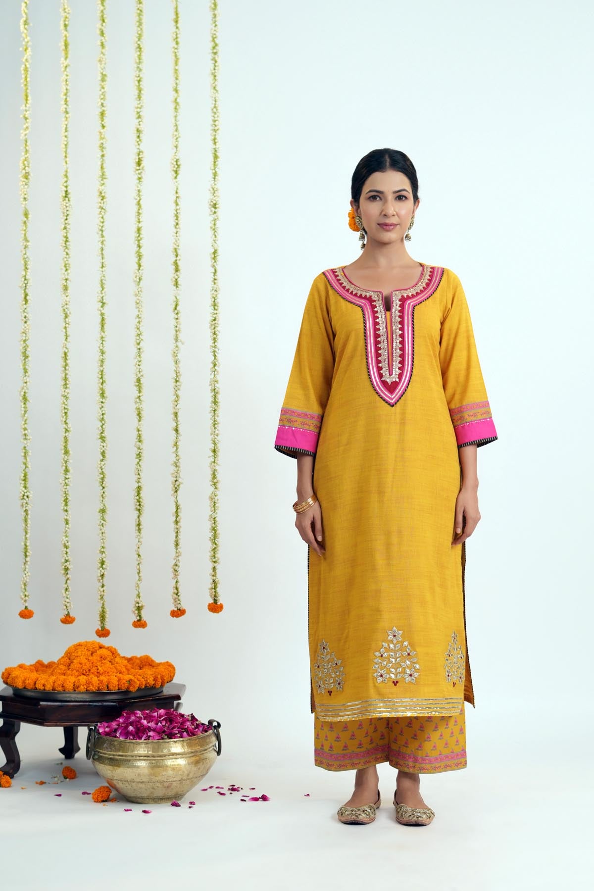 Yellow  Cotton thread embroidery Kurta Pants