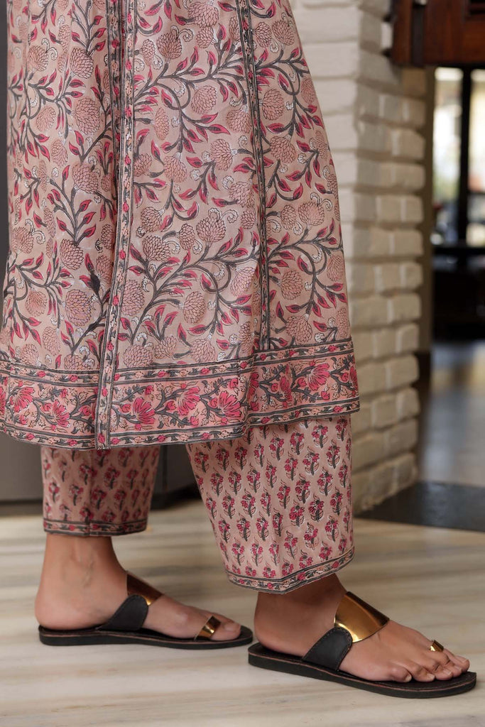 A-Line Kurta/Pant Set In Peach Handblock Cotton Fabric