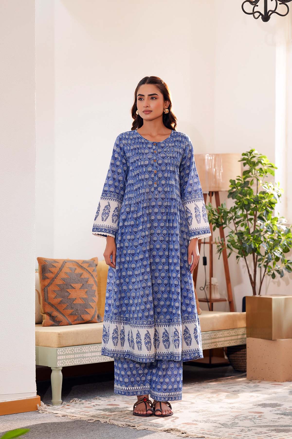 Blue A-Line Kurta/Pant Set In hand Block Cotton – Cotras