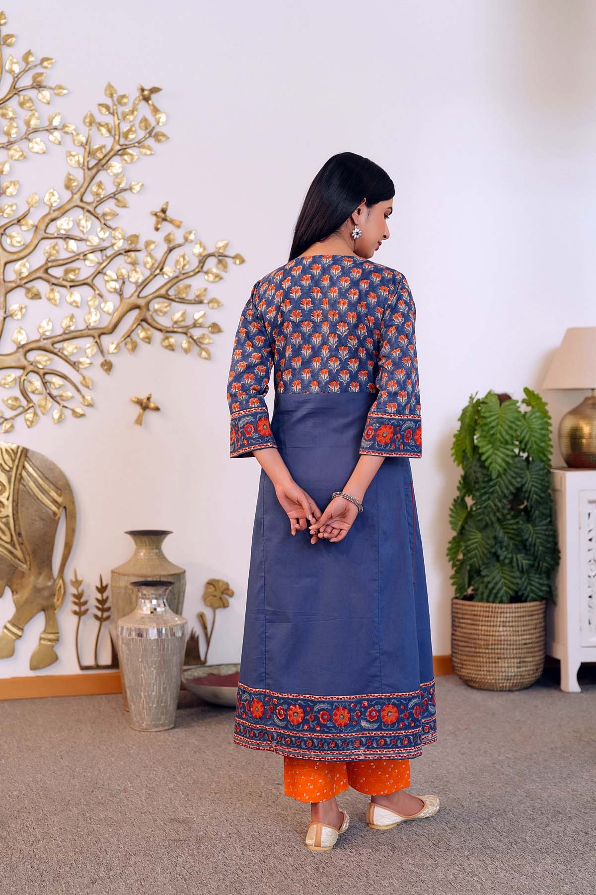 Navy Blue Angrakha Style Handblock Kurta