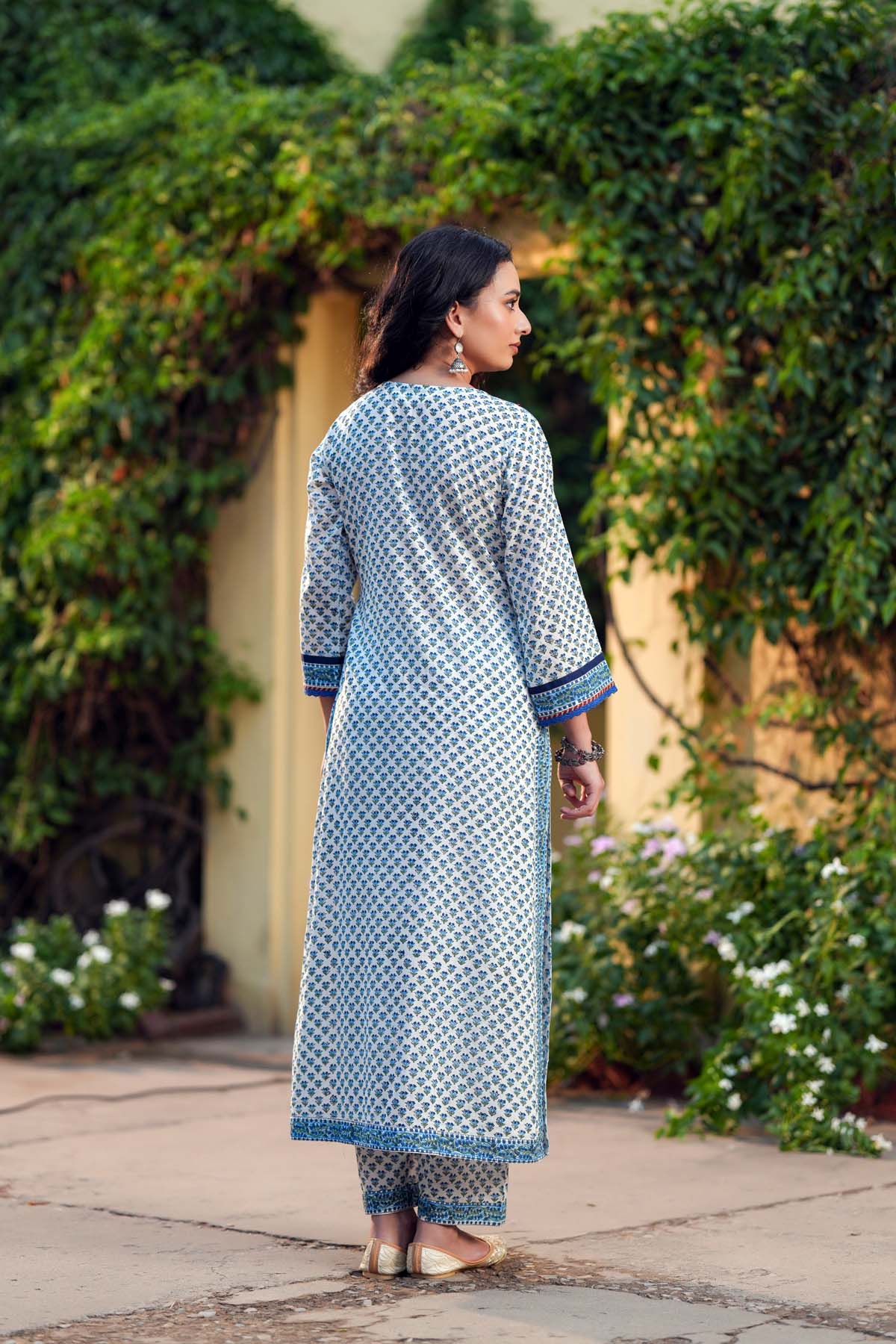 A-Line Kurta In White/Blue HandBlock Cotton