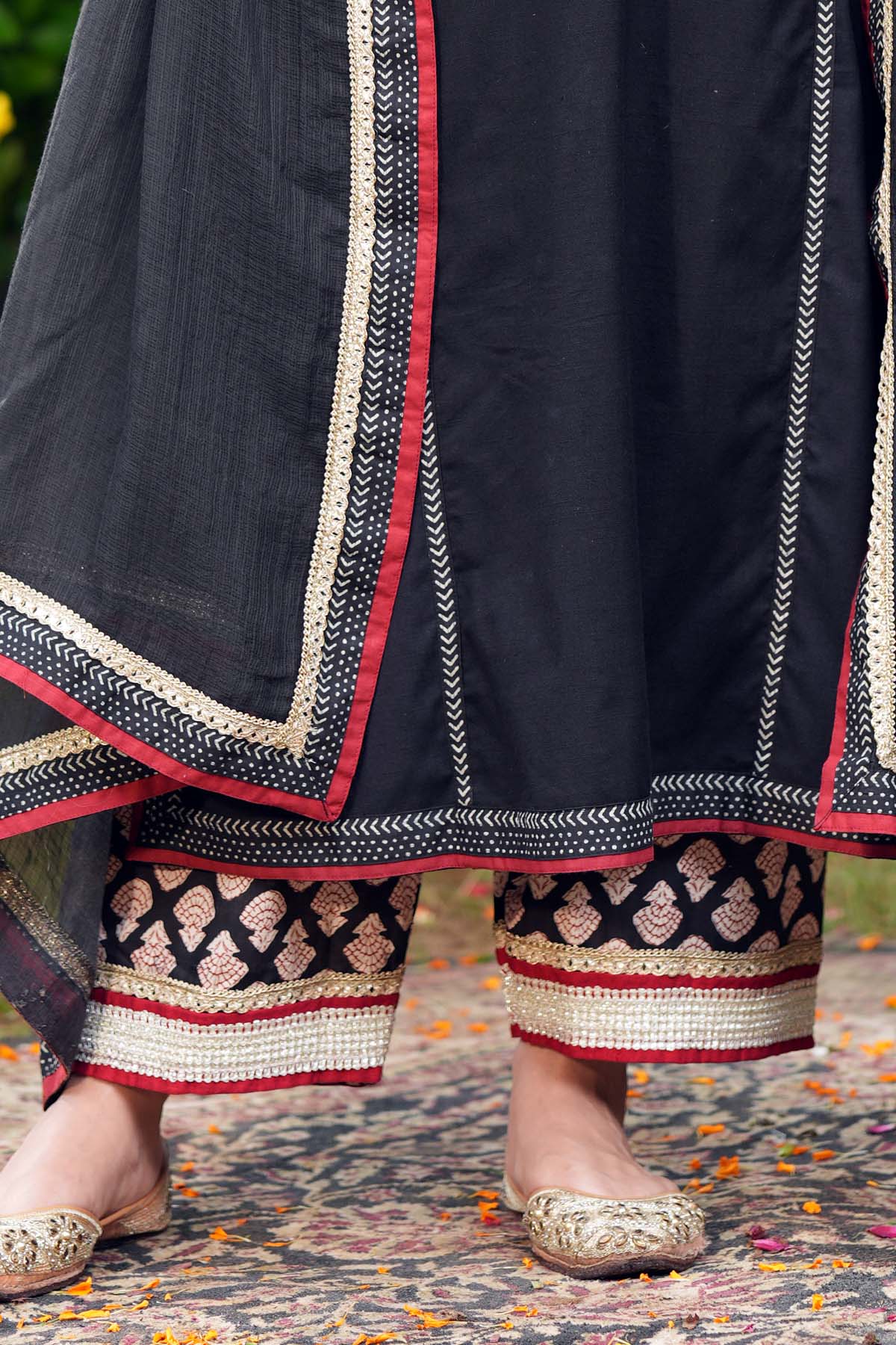 Black Printed Straight Fit Cotton Pants In With Gota Work