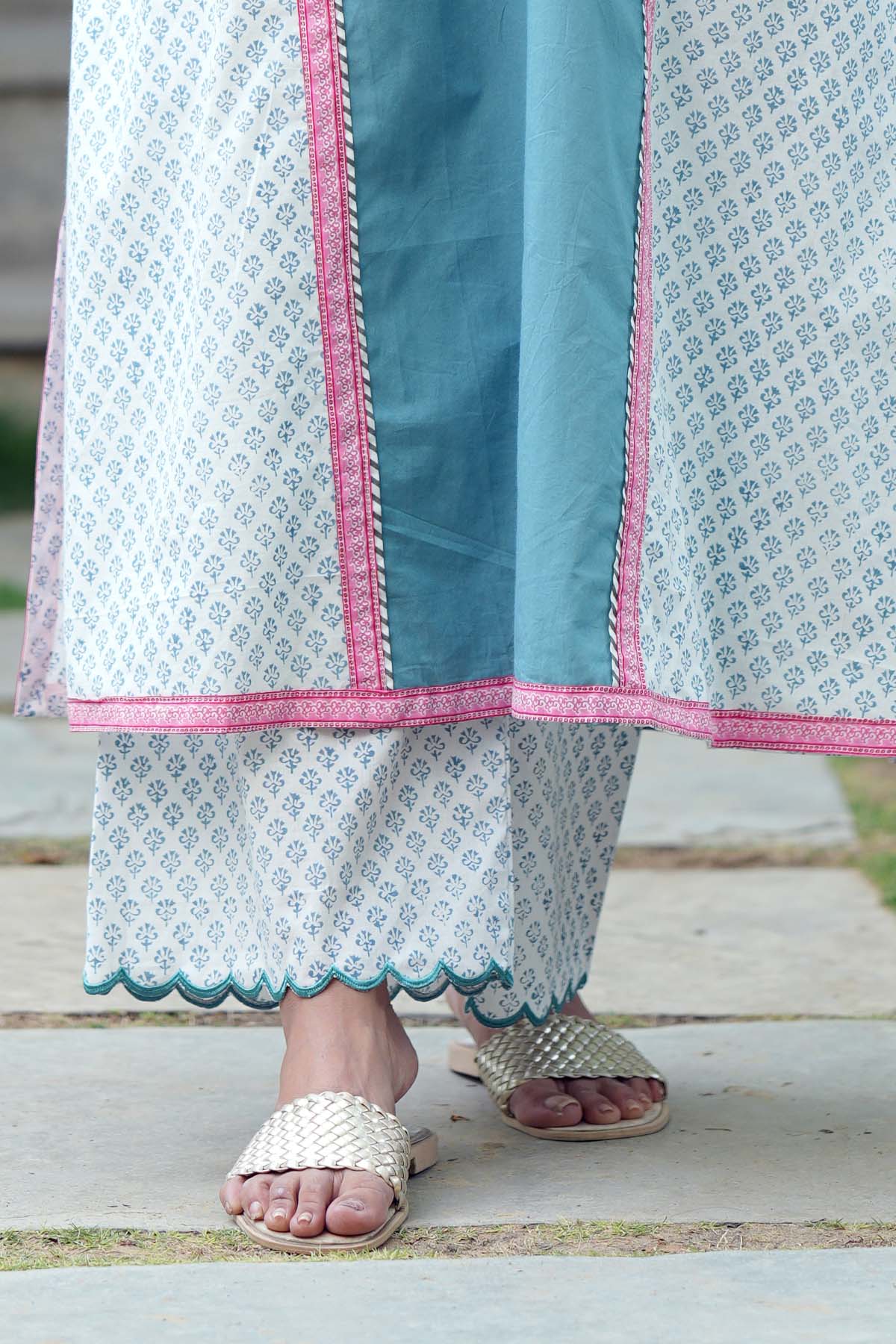 White & Blue Handblock Printed Pants