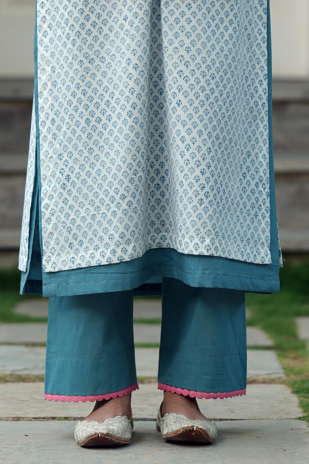 Solid Blue Pants with Lace Detailing